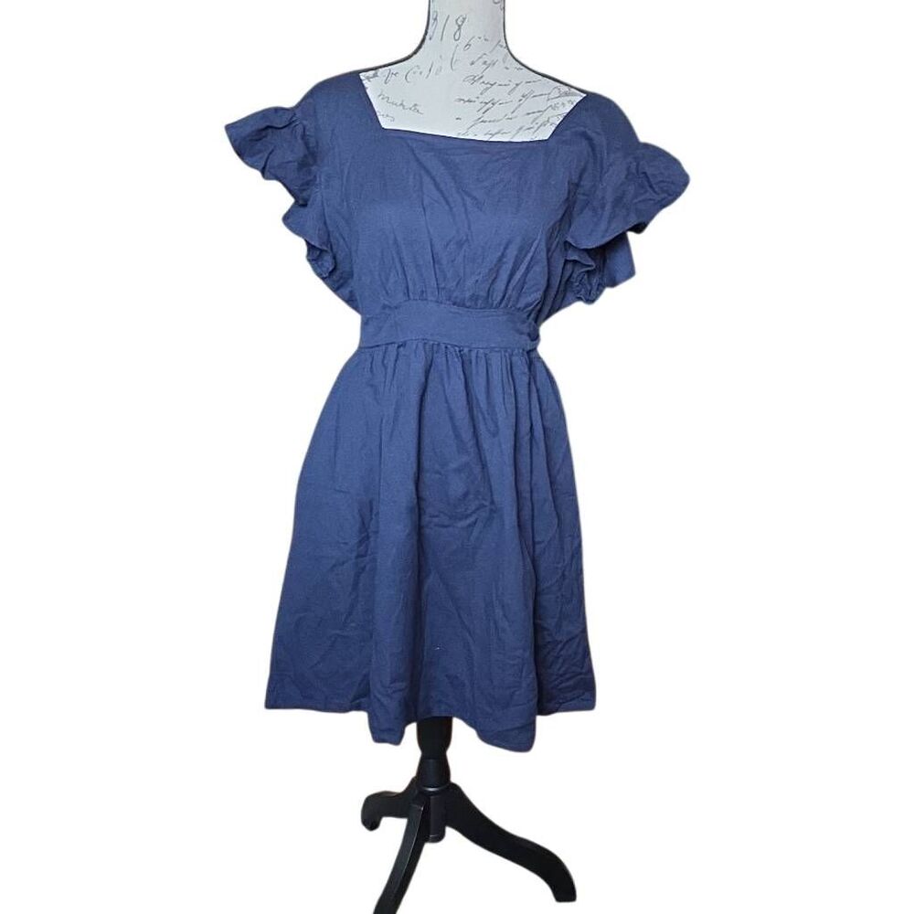 SeamsFriendly Women's Size 42" Navy Blue Square Open Back Tie Back Dress - Picture 3 of 7